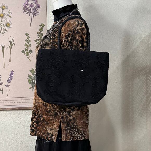 Black Satin Floral Embroidered Beaded Bag Whimsigoth Romantic Goth Dark Coquette - Picture 2 of 8